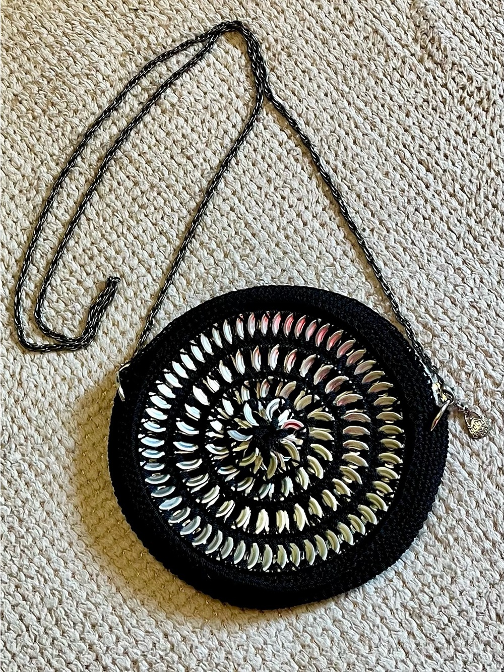 Black Round Woven Crossbody Bag with Recycled Metallic Accents